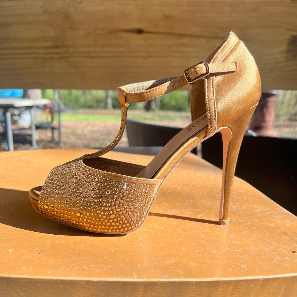 Gold T-Strap Stiletto Heels with Rhinestone Detail